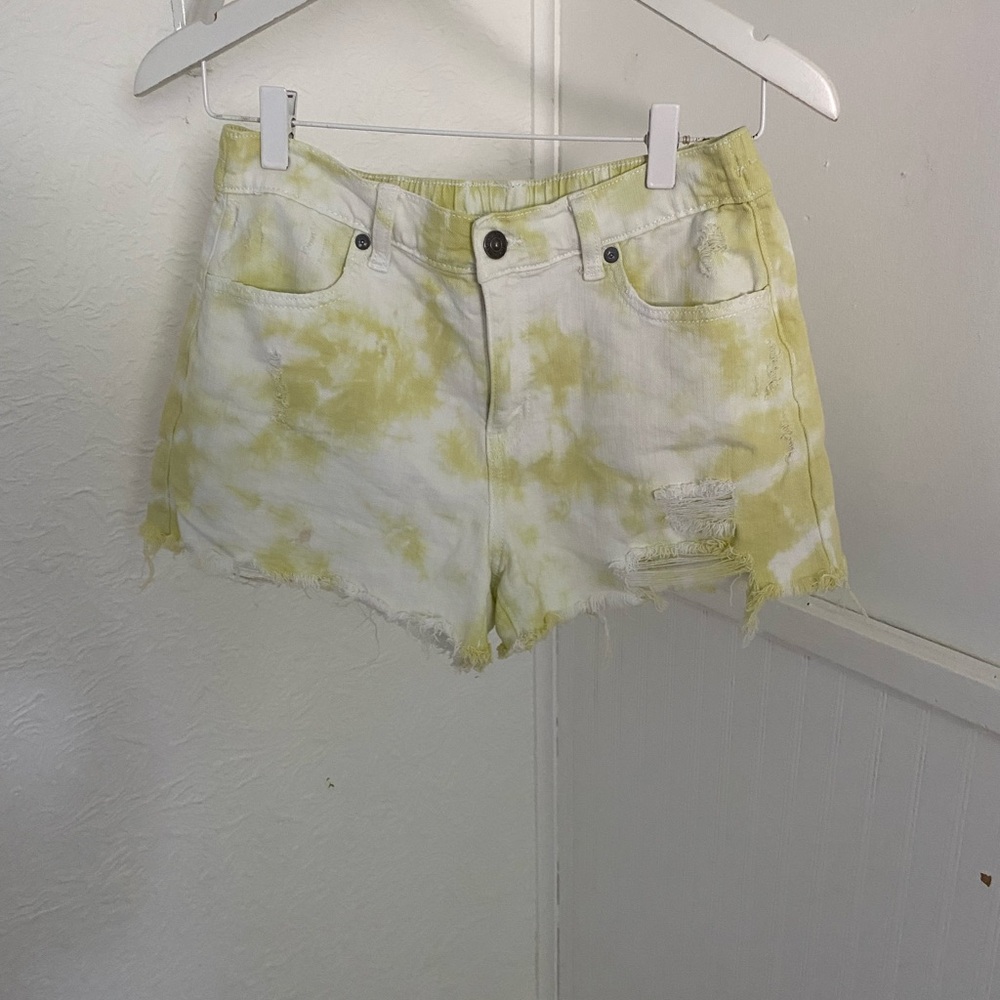 Aerie Yellow and White Jean Shorts with Distressed Hem